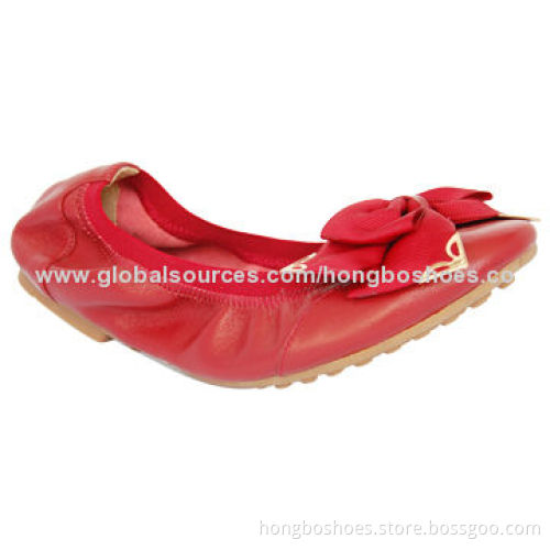 Leather women's flat shoes, gross grain bow, dress elastic, comfortable rubber outsole